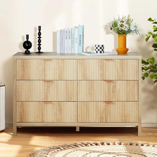 Fluted 5 Drawers Dresser for Bedroom, Wooden Tall Storage, Walnut L1075
