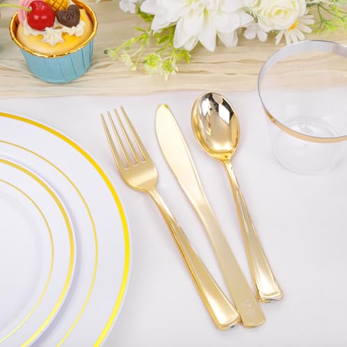 bUCLA 300PCS Gold Disposable Dinnerware Set - White and Gold Plastic Plates for Party S185