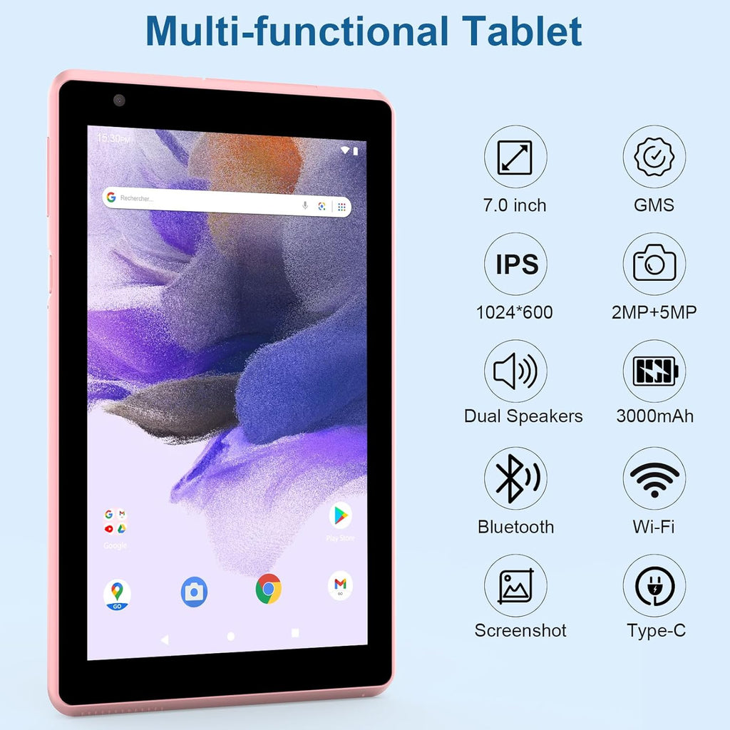 7 inch Android 12 Tablet, 4GB+32GB, WiFi, Dual Camera, Pink V3363