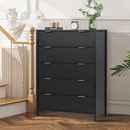 Fluted 5 Drawers Dresser for Bedroom, Wooden Tall Storage, Walnut L1075