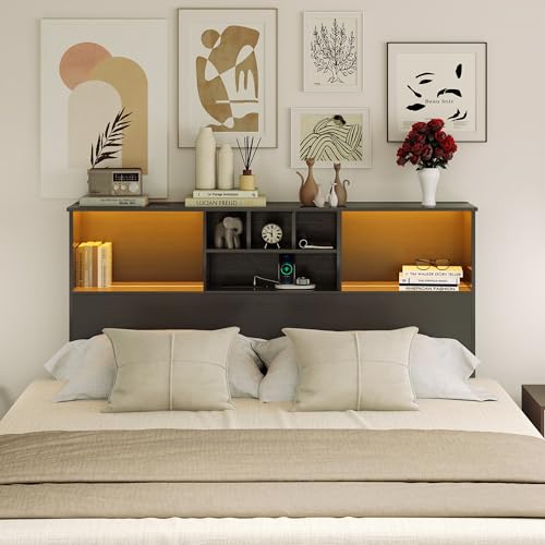 King Size Bed Headboard with LED Light and Storage Bookcase H72493