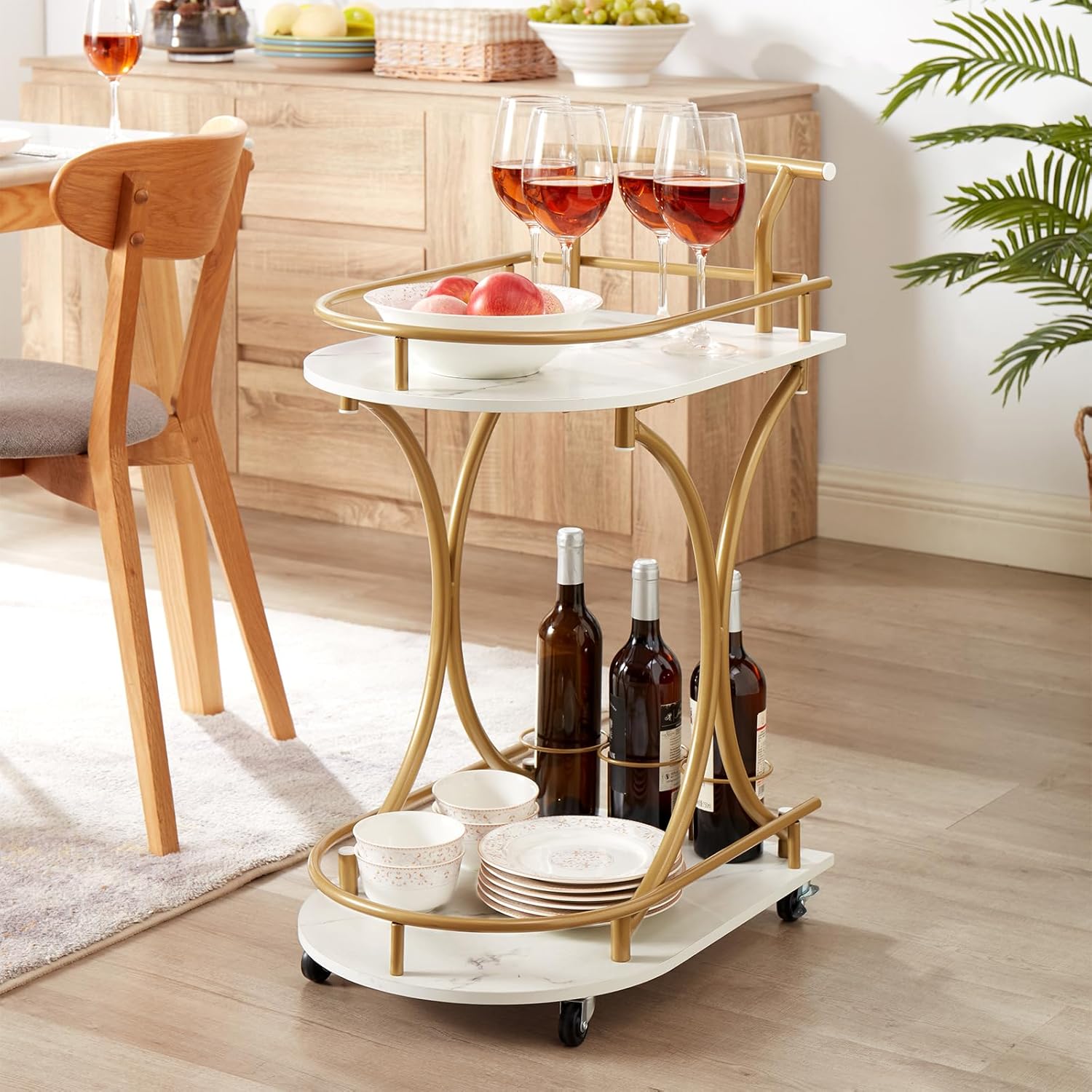 2-Tier Rolling Bar Cart with Wine Rack and Glass Holder, Gold K4336