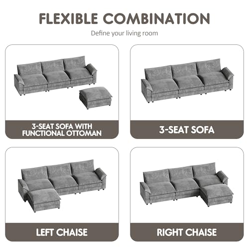Homall 119" Modular Sectional Sofa with Reversible Ottoman, Light Grey V97154