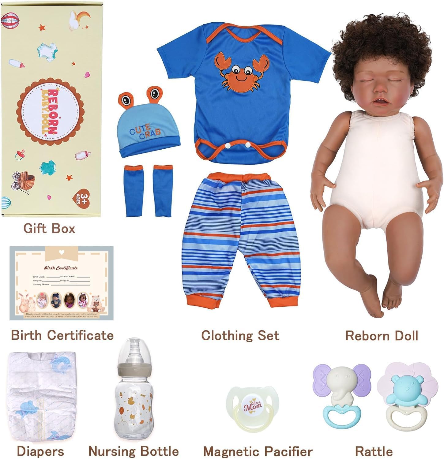 BABESIDE Lifelike Reborn Black Girl 18-Inch Realistic Baby Doll with Clothes and Toy J9717
