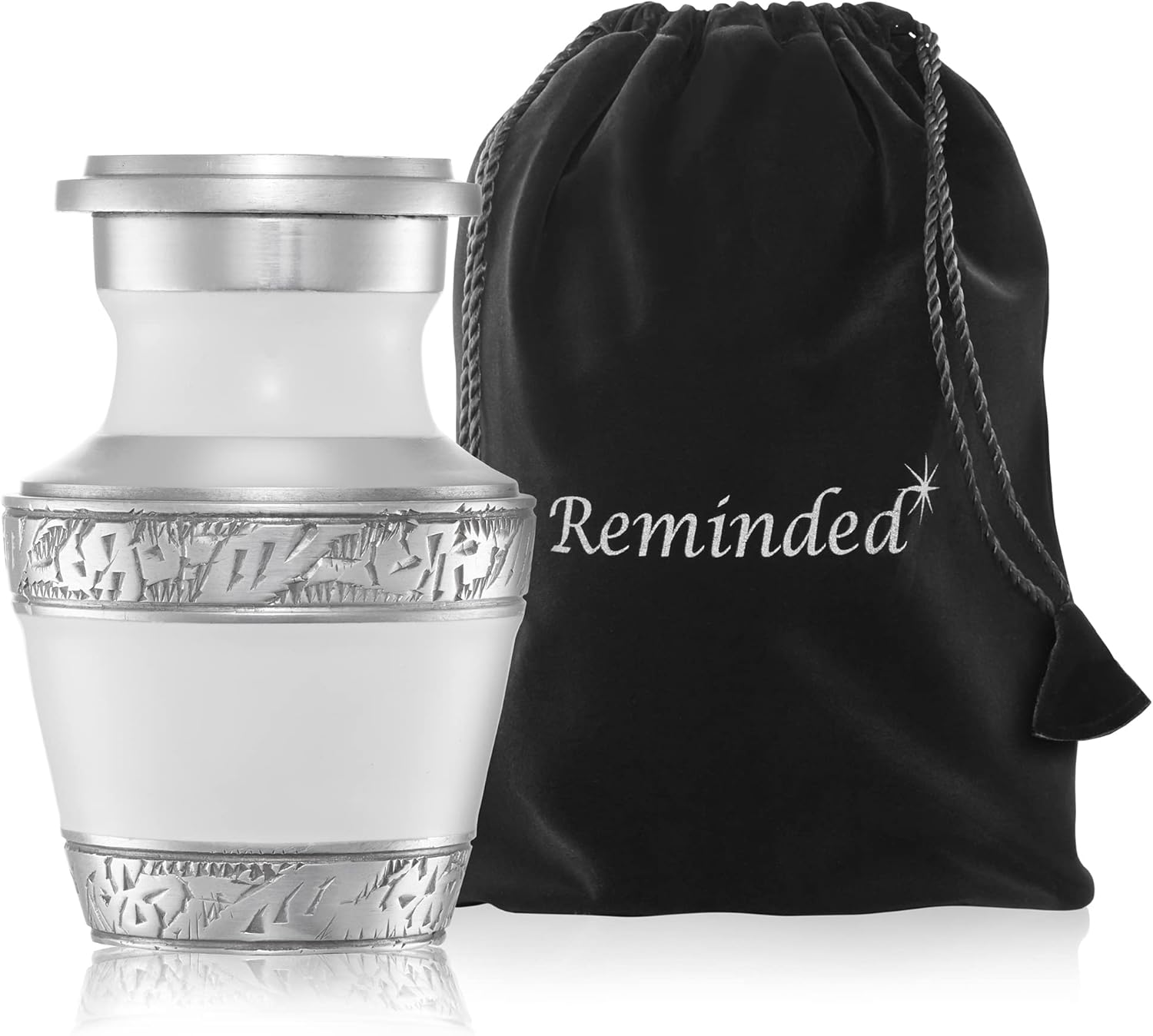 Reminded Small Cremation Memorial Urn for Human Ashes, White and Silver with Velvet Case E534