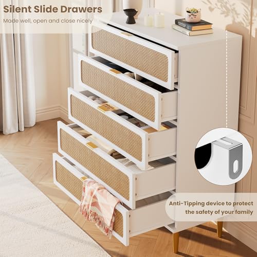 Rattan 5 Drawer Tall Dresser for Bedroom, Black V99880