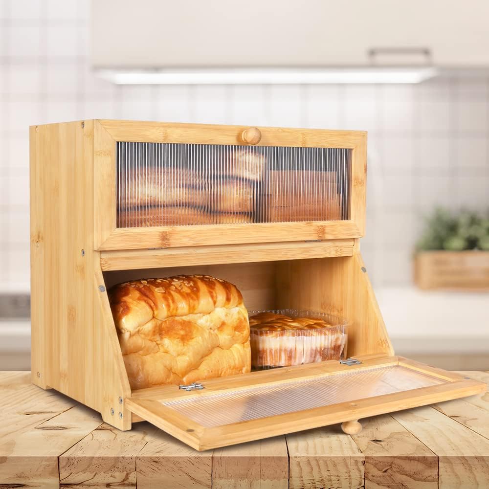 Double Layer Bamboo Bread Box for Kitchen Counter with Window Y937388