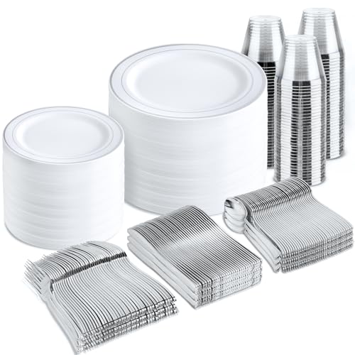 bUCLA 300PCS Gold Disposable Dinnerware Set - White and Gold Plastic Plates for Party S185