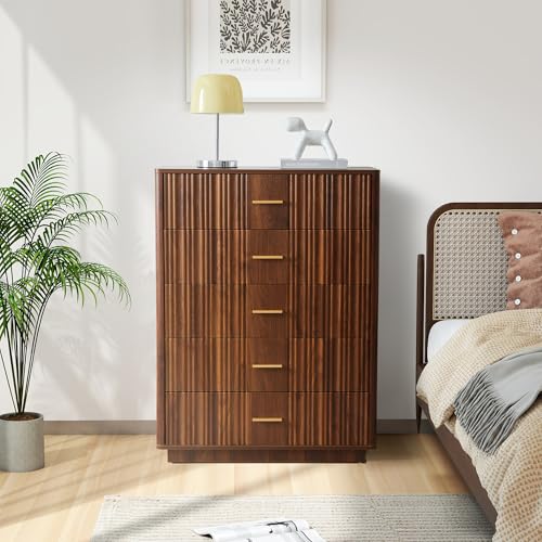 Fluted 5 Drawers Dresser for Bedroom, Wooden Tall Storage, Walnut L1075