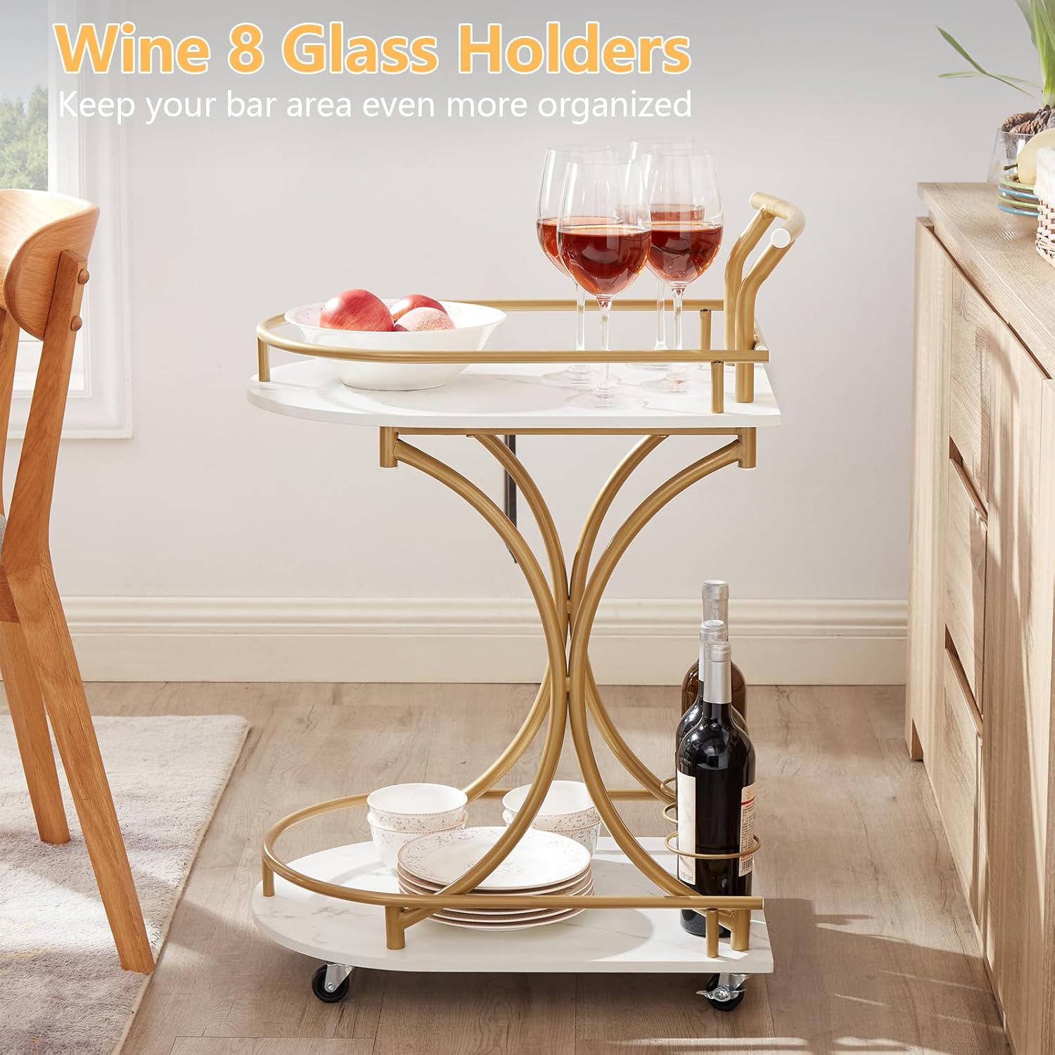 2-Tier Rolling Bar Cart with Wine Rack and Glass Holder, Gold K4336
