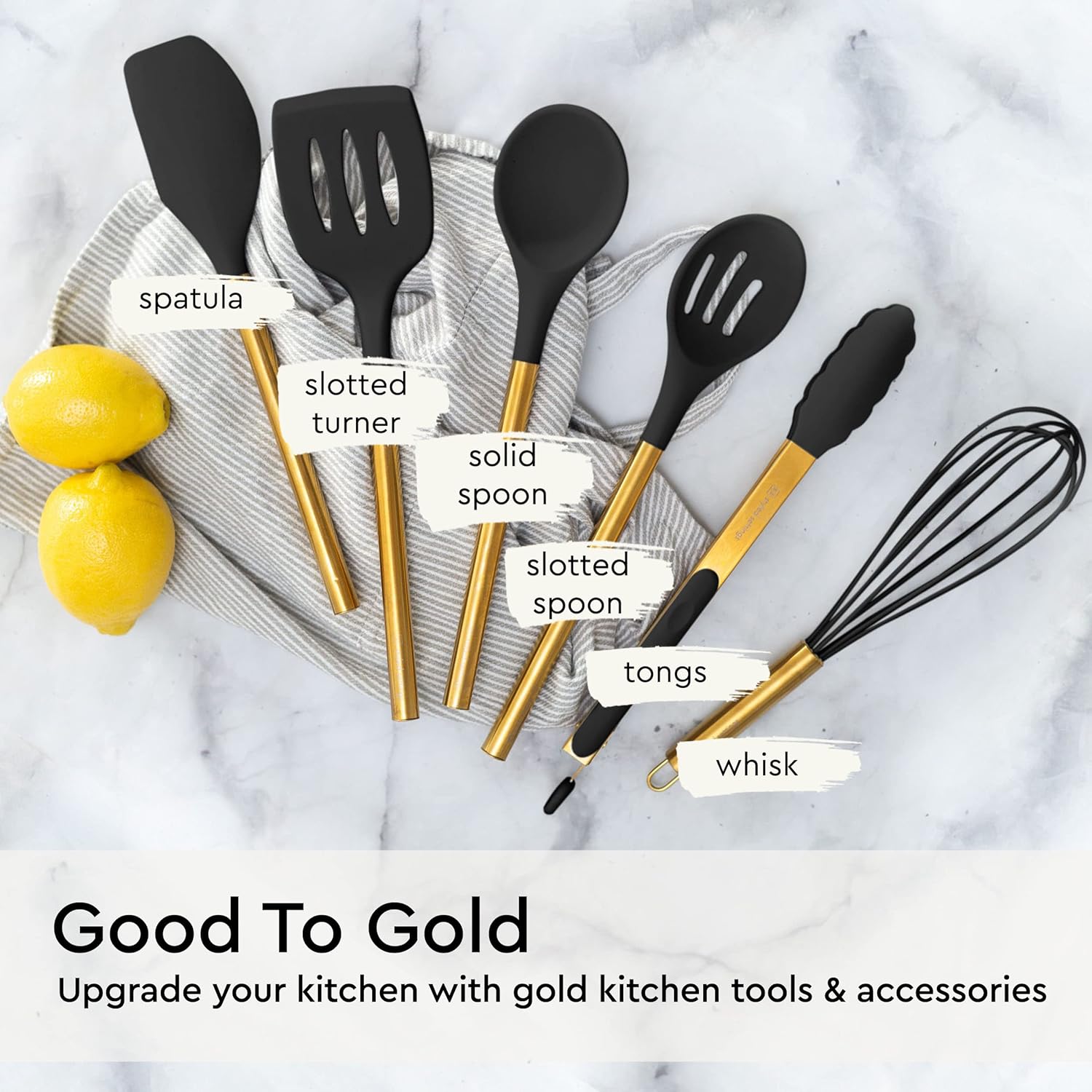 Black and Gold 20-Piece Knife Set with Block and Silicone Utensils Q8450