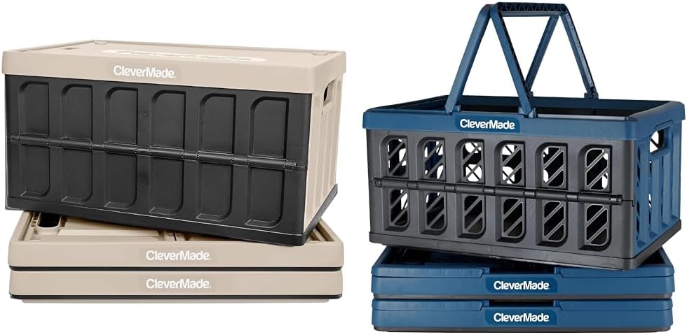 CleverMade Collapsible Storage Bin (With Lid), Tan, 3PK - 62L & Collapsible Shopping Basket, Ocean, 3PK - 24L