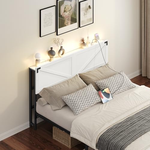 Queen Size Headboard with 2 Outlets and 4 USB Ports, LED Lights, White and Black H382