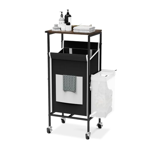 Laundry Hamper with Lid,Rolling Laundry Basket with Wheels,Metal Frame Laundry Sorter with Top Shelf and Removable Launddry Bags,Large Laundry organizer for Room, Bathroom, Bedroom (Black)