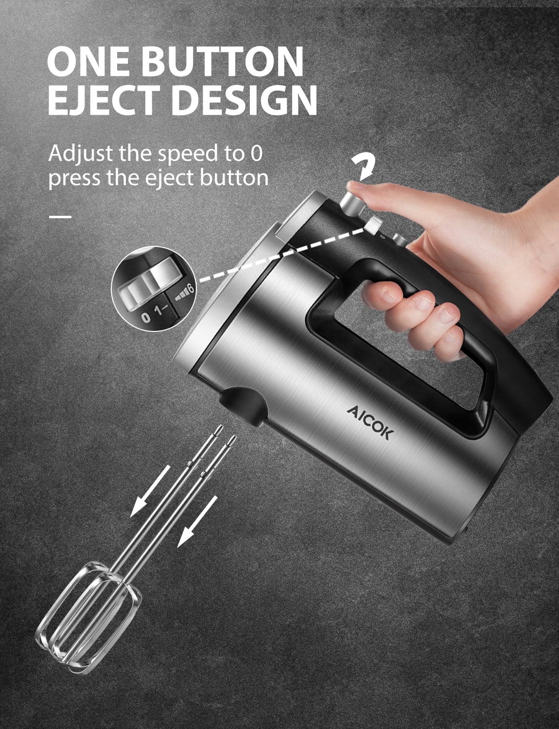 FOHERE 6 Speed Hand Mixer with Turbo Boost, Silver K903000