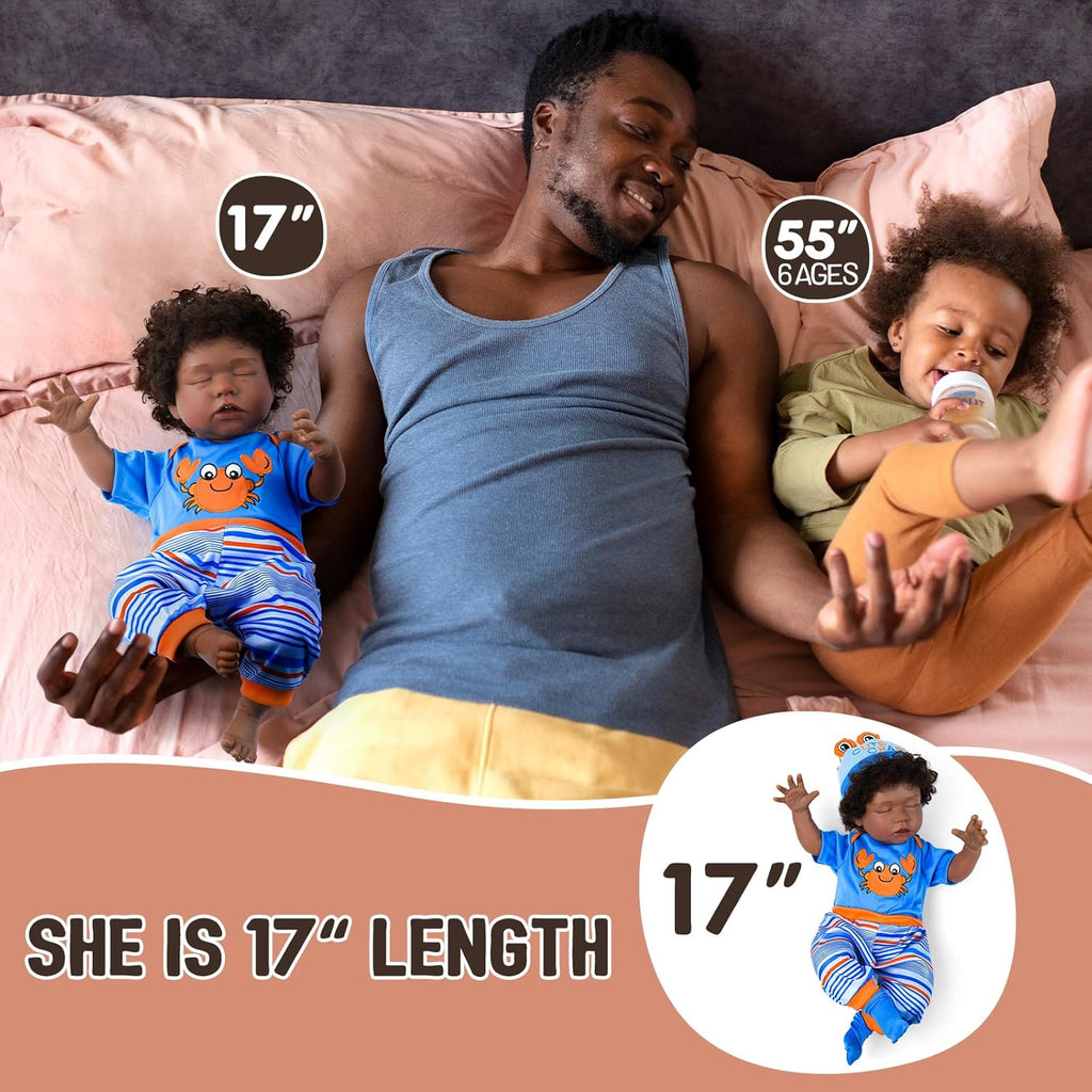 BABESIDE Lifelike Reborn Black Girl 18-Inch Realistic Baby Doll with Clothes and Toy J9717