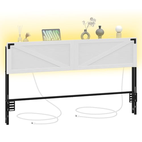 Queen Size Headboard with 2 Outlets and 4 USB Ports, LED Lights, White and Black H382