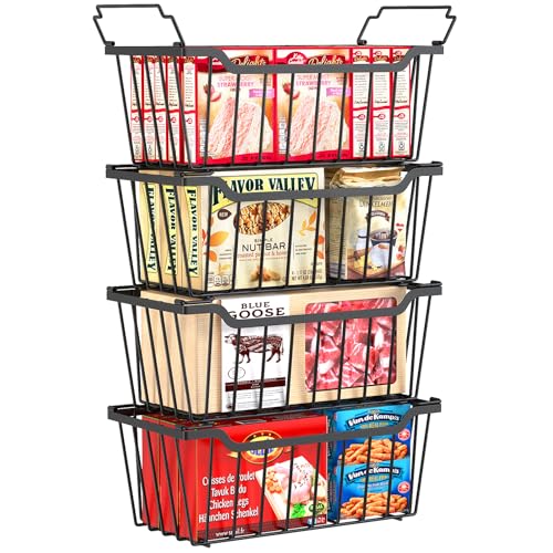Freezer Organizer Bins, 4 Pack Stackable Storage Baskets with Handles, Black N723