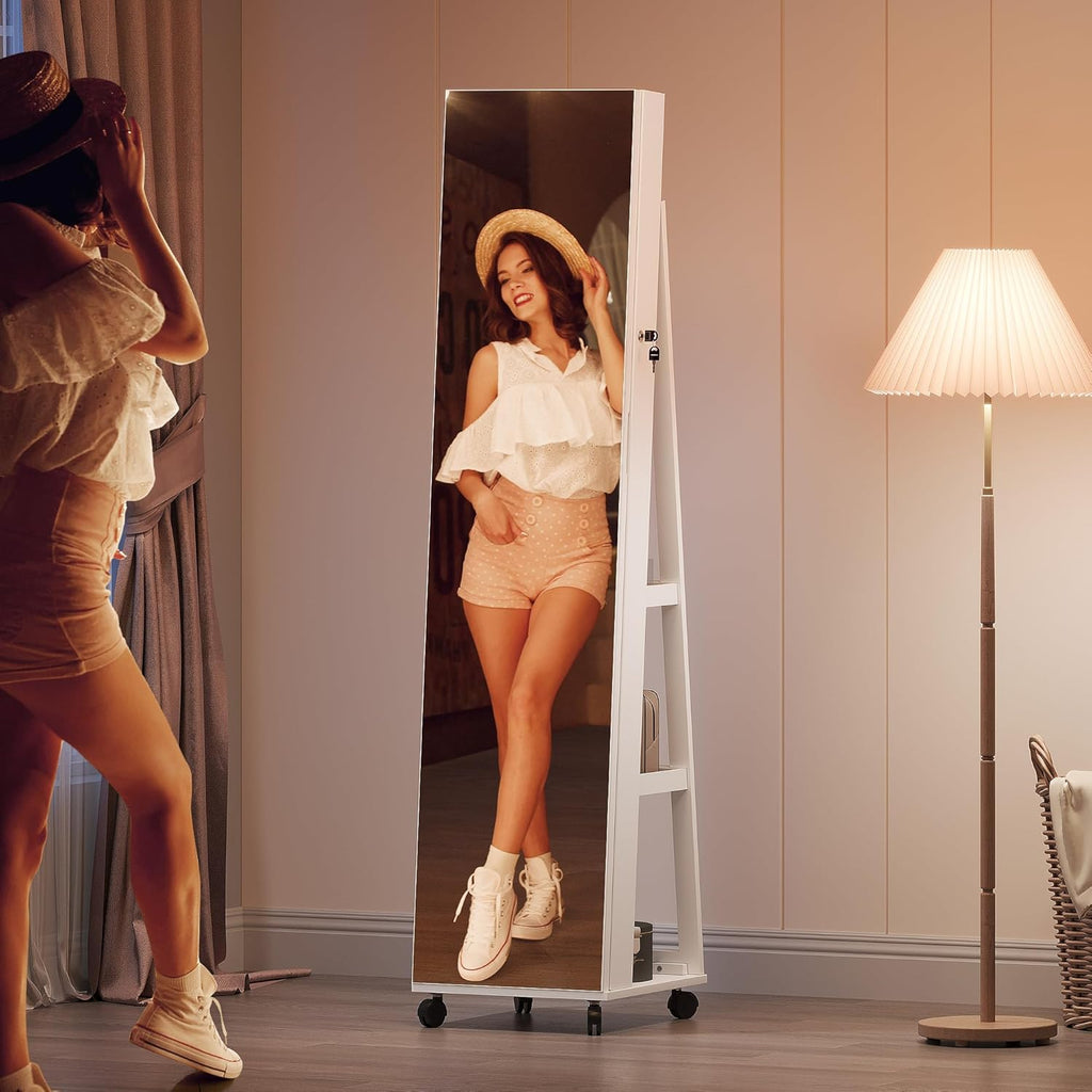 YITAHOME Mirror Jewelry Cabinet with Lights, Lockable Standing Armoire on Wheels, White A411