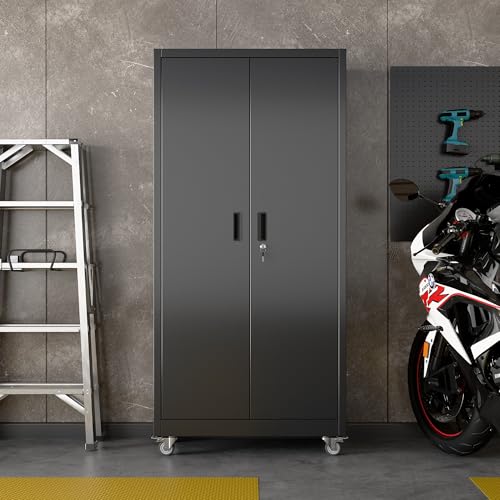Aobabo 73''H Metal Garage Storage Cabinet with Wheels, Black S572804