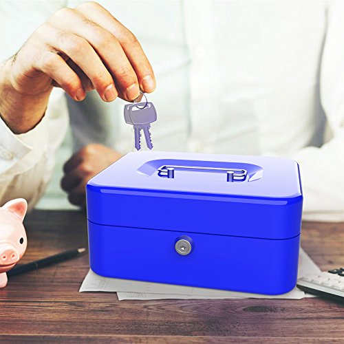 Stalwart Hawk 8-Inch Key Lock Blue Cash Box with Coin Tray Y4530