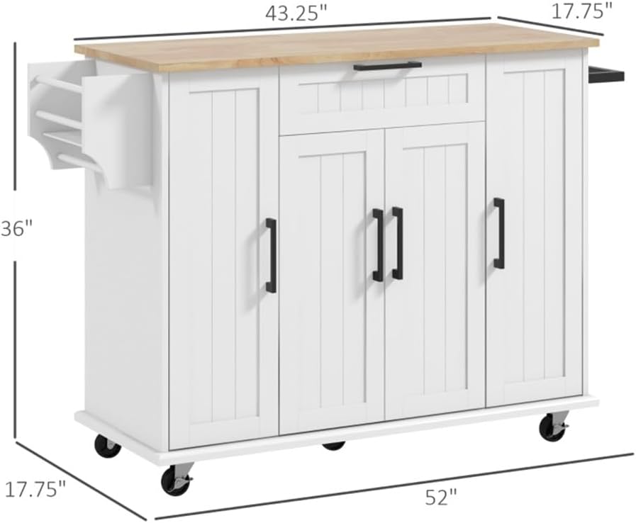 Rolling Kitchen Island on Wheels with Solid Wood Drop Leaf, White K9078