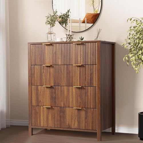 Fluted 5 Drawers Dresser for Bedroom, Wooden Tall Storage, Walnut L1075