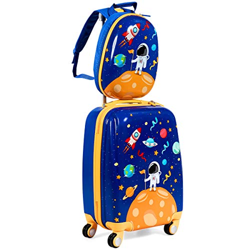 GYMAX 2Pc Kid Carry On Luggage Set, 12" & 18" Kids Suitcase with 4 Spinner Wheels, Travel Rolling Trolley