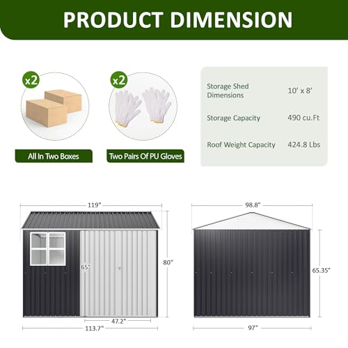 10x10 FT Outdoor Metal Storage Shed with Lockable Doors, Grey Q804763