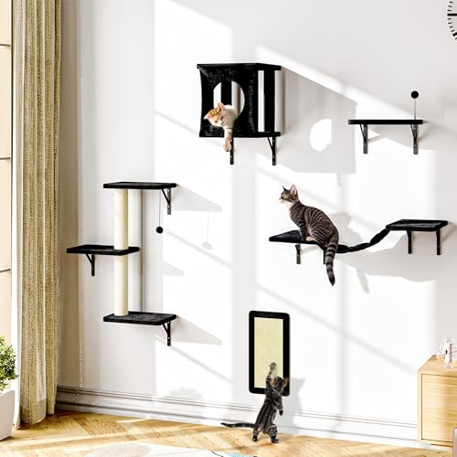 NUNU LAB Wall Mounted Cat Climber Set with House, Tunnel, Scratcher, Black M305
