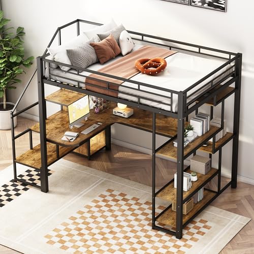 Full Size Loft Bed with Desk & Stairs, Heavy Duty Metal, Black E948