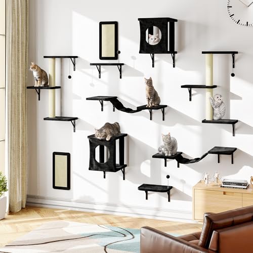 NUNU LAB Wall Mounted Cat Climber Set with House, Tunnel, Scratcher, Black M305