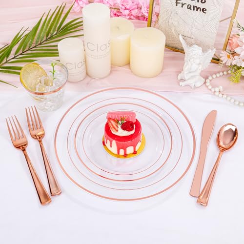 bUCLA 300PCS Gold Disposable Dinnerware Set - White and Gold Plastic Plates for Party S185