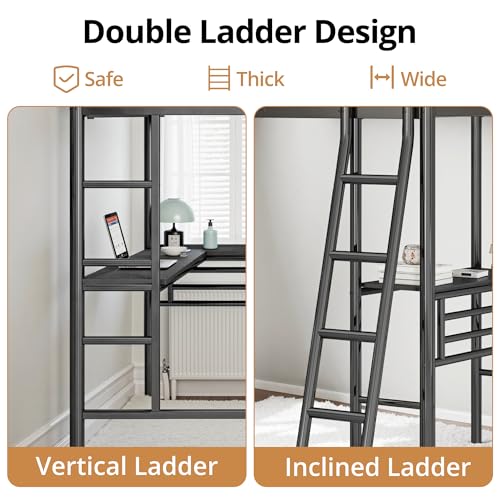 Twin L-Shaped Loft Bed with 2 Built-in Desks, Metal Frame, Black L216334