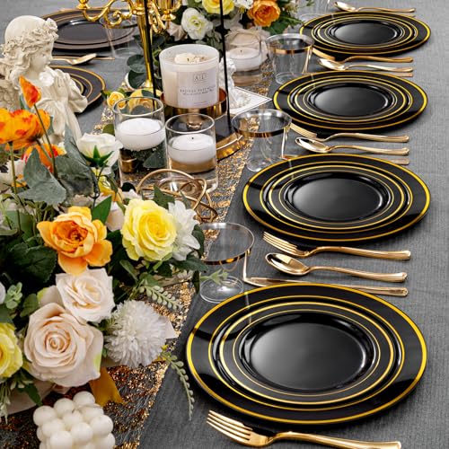 bUCLA 300PCS Gold Disposable Dinnerware Set - White and Gold Plastic Plates for Party S185