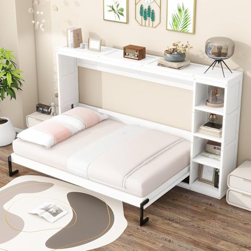 Full Murphy Bed with Storage Shelves, White Z979