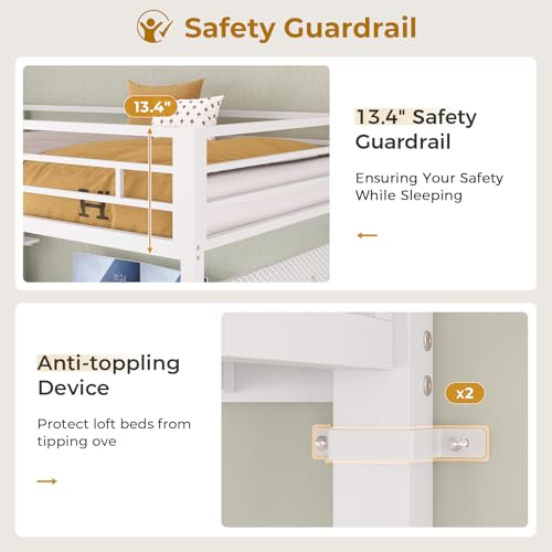 ADORNEVE Twin Size Metal Loft Bed with L-Shaped Desk, LED Lights, Charging Station S614727