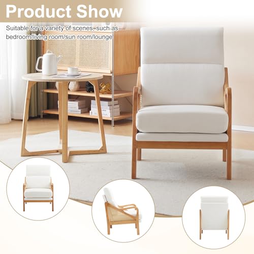 Karl home Modern Accent Chair with Rattan Woven Upholstered Lounge and Oak Wood Frame, White W3310
