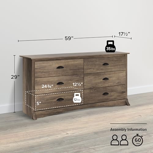 Prepac Rustic Ridge Farmhouse 6-Drawer Double Dresser, Brown X6434