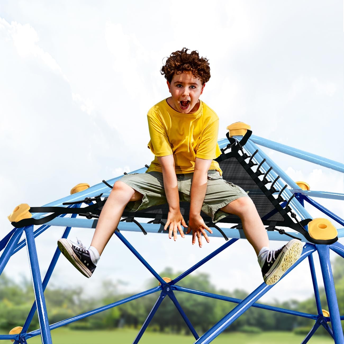 Geometric Climbing Dome with Net Chair, Rust & UV Resistant, Kids Jungle Gym J930
