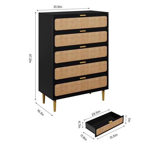 Rattan 5 Drawer Tall Dresser for Bedroom, Black V99880
