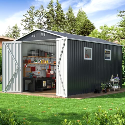 10x10 FT Outdoor Metal Storage Shed with Lockable Doors, Grey Q804763
