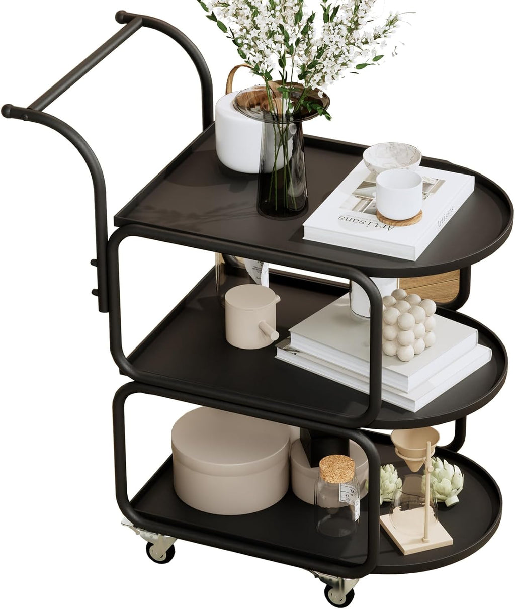 Bar Cart, Serving Cart for Home, coffee cart,metal Drink Cart, 3-tier Rolling Beverage Cart with Storage Shelves and Lockable Wheels, for Kitchen Living and dining room (Matte black)