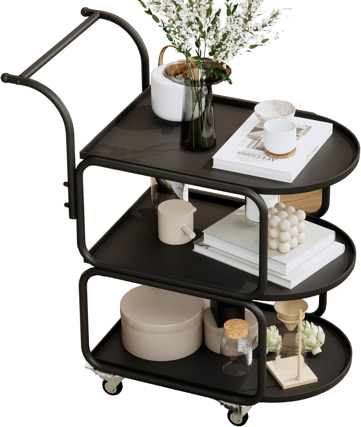 Bar Cart, Serving Cart for Home, coffee cart,metal Drink Cart, 3-tier Rolling Beverage Cart with Storage Shelves and Lockable Wheels, for Kitchen Living and dining room (Matte black)