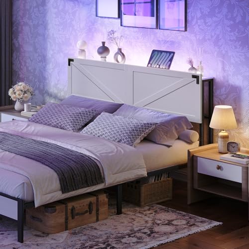 Queen Size Headboard with 2 Outlets and 4 USB Ports, LED Lights, White and Black H382