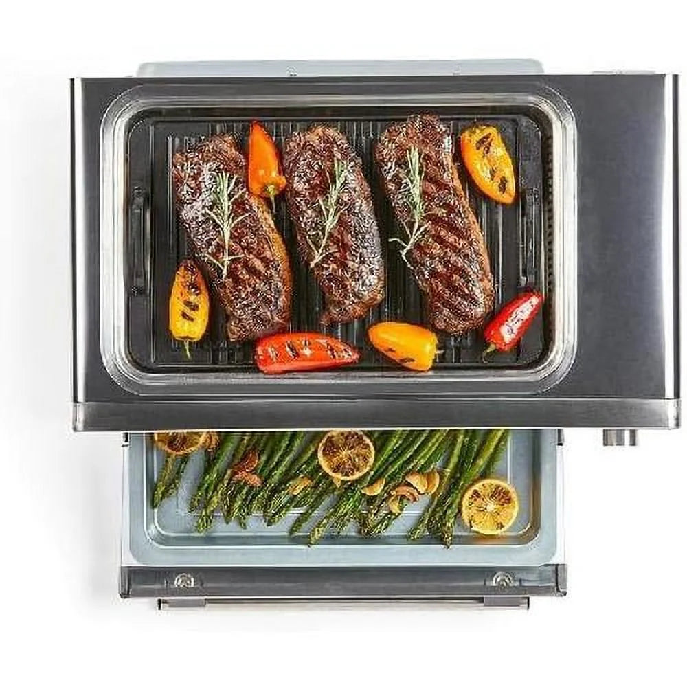 Emeril Power Grill 360, 6-In-1 Countertop Convection Toaster Oven With Top Indoor Grill, Air Fry, Roast, Toast, Bake, Dehydrate, Glass Lid, Stainless Steel