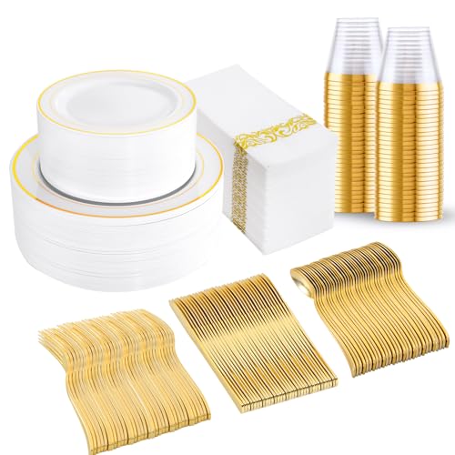 bUCLA 300PCS Gold Disposable Dinnerware Set - White and Gold Plastic Plates for Party S185