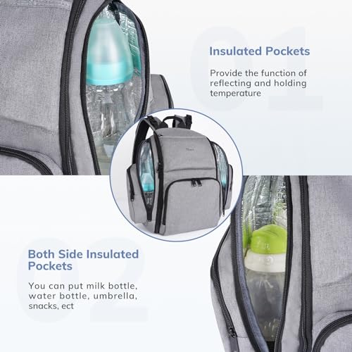 Mancro Diaper Bag Backpack, Waterproof Travel Baby Changing Bag with Stroller Straps, Grey E238
