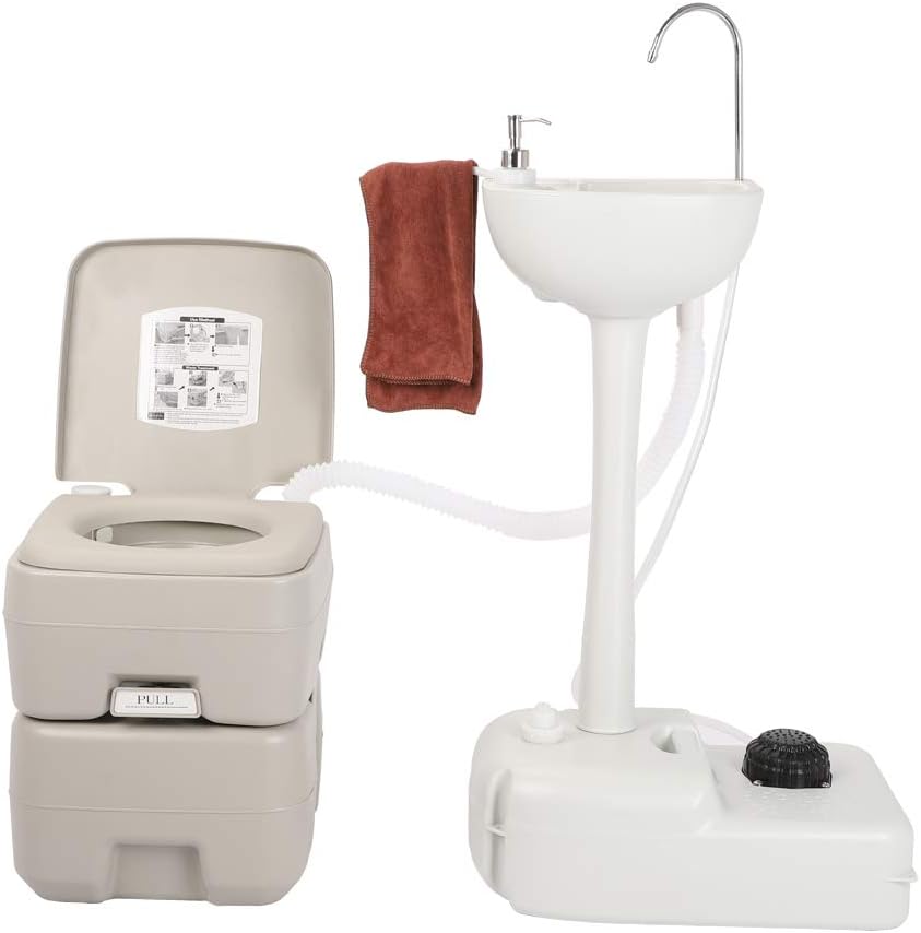 Upgraded Portable Sink and Toilet Combo| Self-contained 5 Gal Hand Washing Station & 5 Gal Flushing Toilet, Perfect for Camping/RV/Boat/Road Tripper/Camper, Detachable & Lightweight Removable, Compact