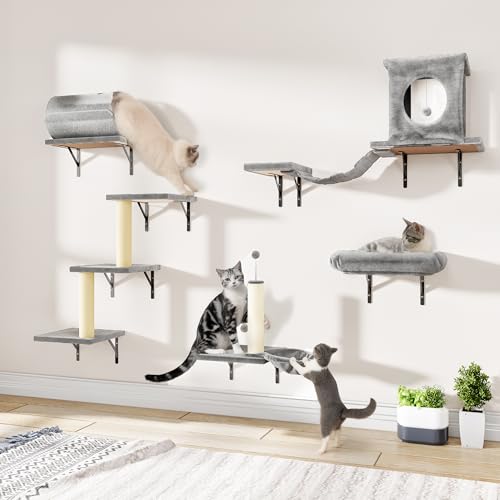 NUNU LAB Wall Mounted Cat Furniture Set 7 Pcs with Scratching Post - Light Gray P6315